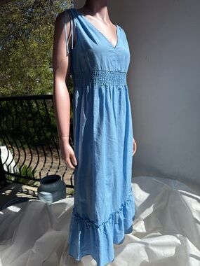 Deluc summer dress sundress midi Sky Blue - V-Neck -Smocked Midi Dress XS S M L